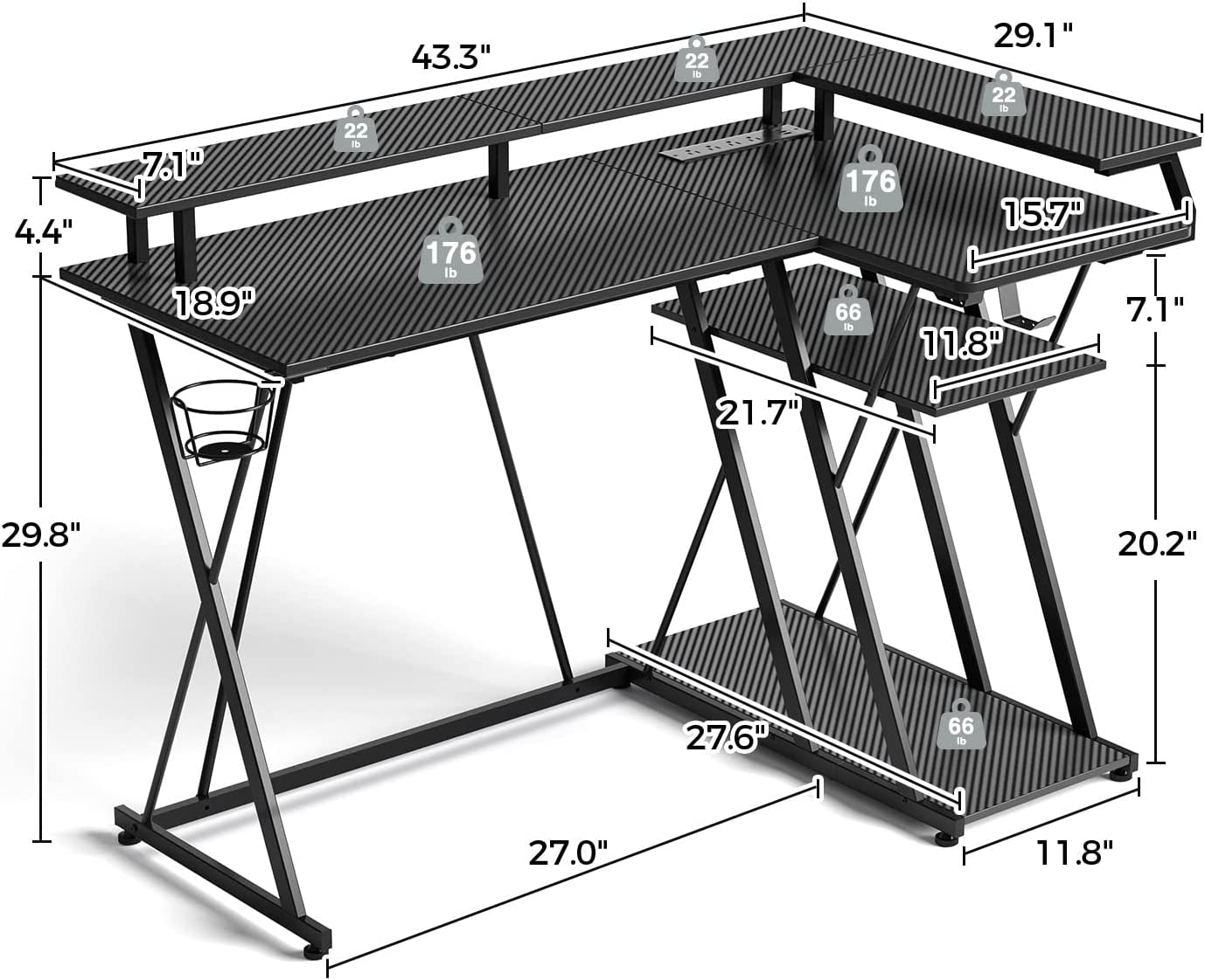 Gaming Desk - Computer Desk With Power Outlets & LED Lights Reversible Desk with Storage Shelf