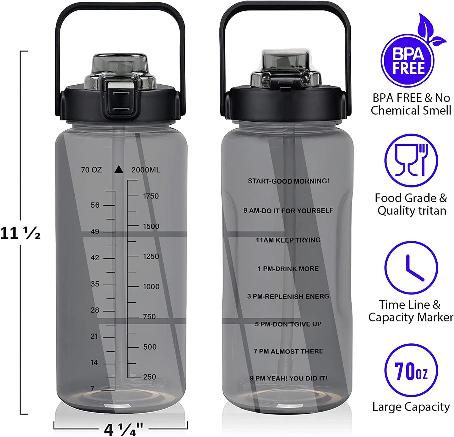 2L Water Bottle with Sleeve Bottle and Straw Leak-Proof Bottle