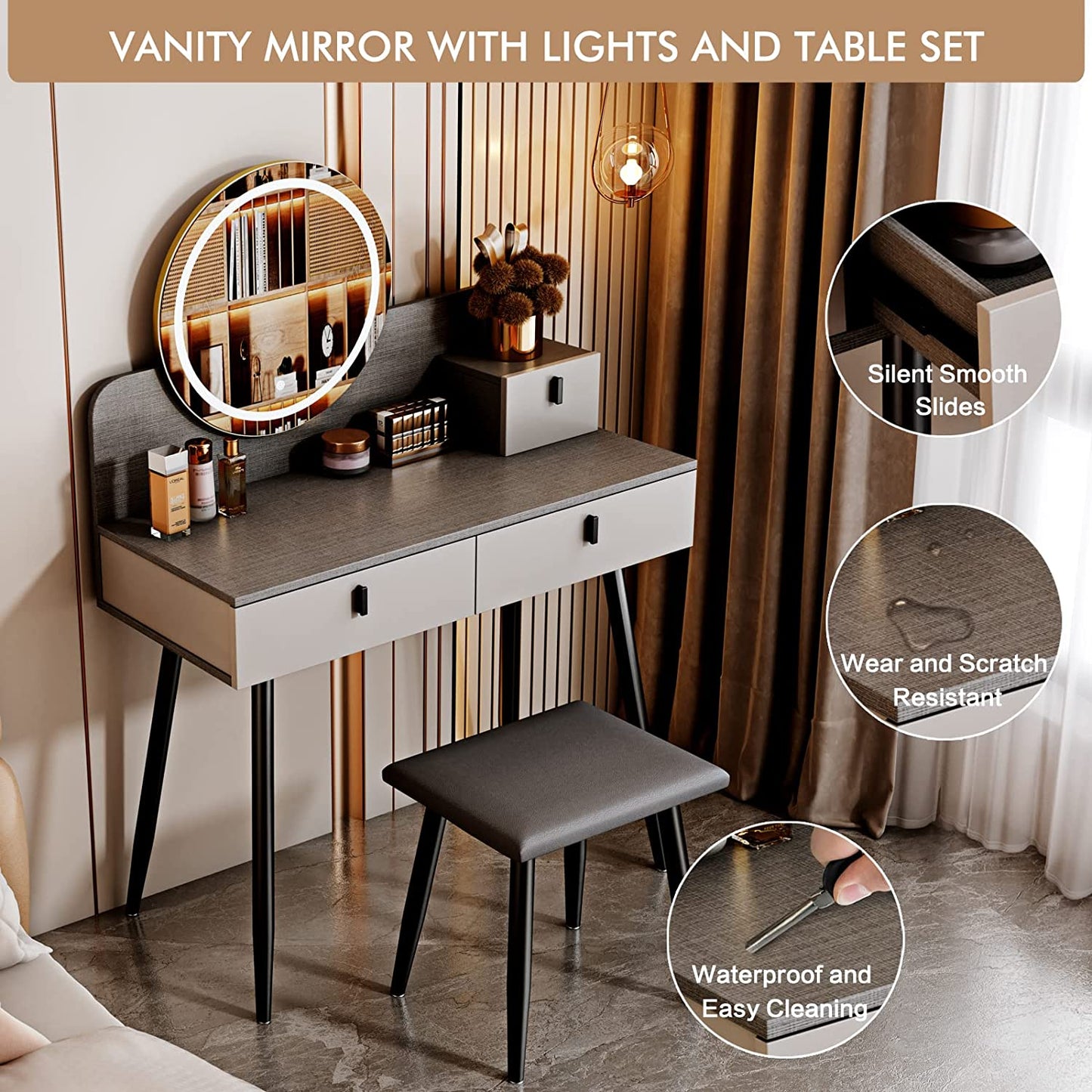 Makeup Vanity Desk - Mirror & 3 Modes Lights Table Set with Sliding Drawers