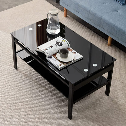 Lift Top Coffee Table - Glass Center Table with Storage Shelf & Metal Frame