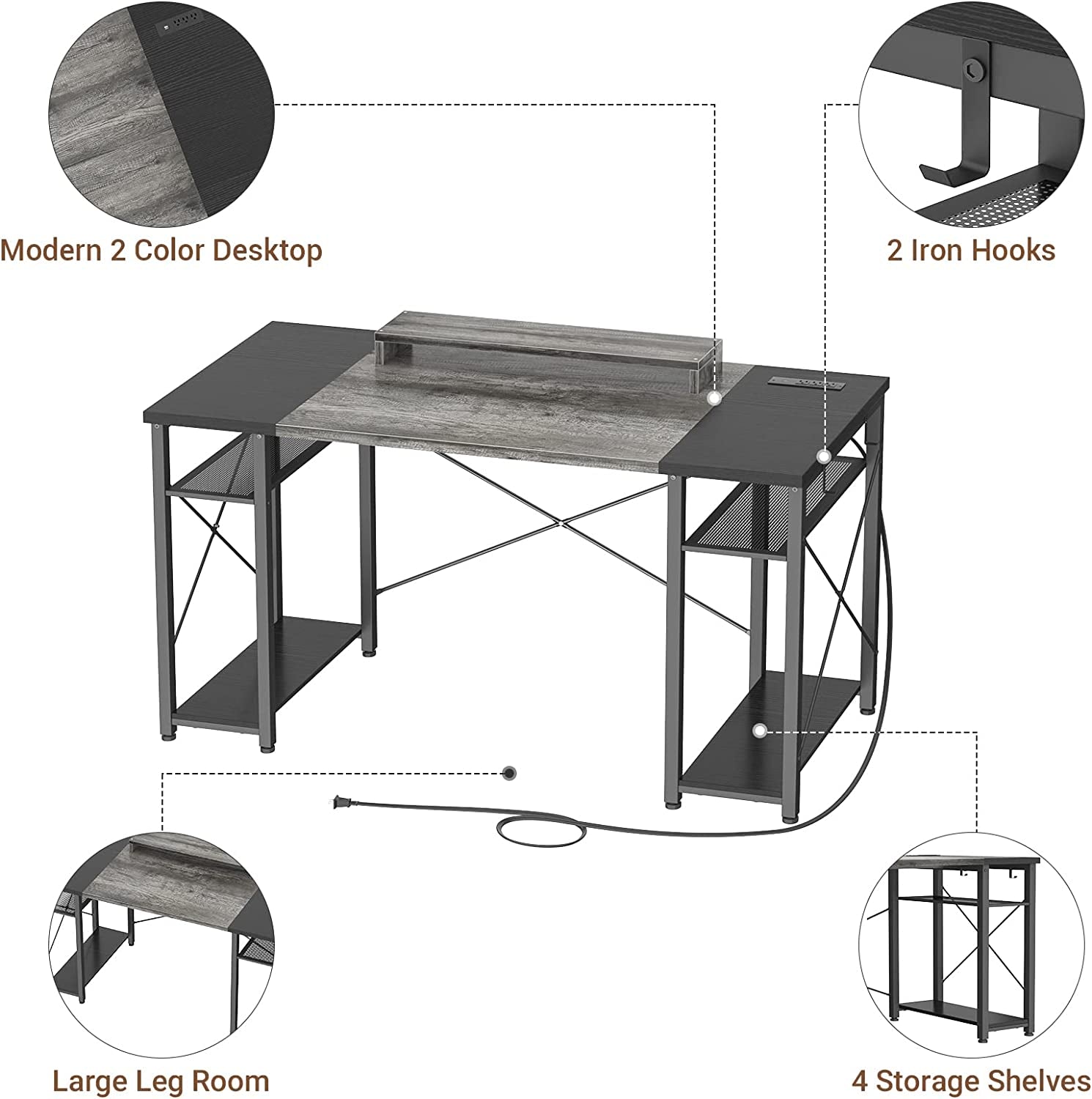 Computer Desk - 48 Inch Desk with Power Outlet and USB Reversible Gaming Desk