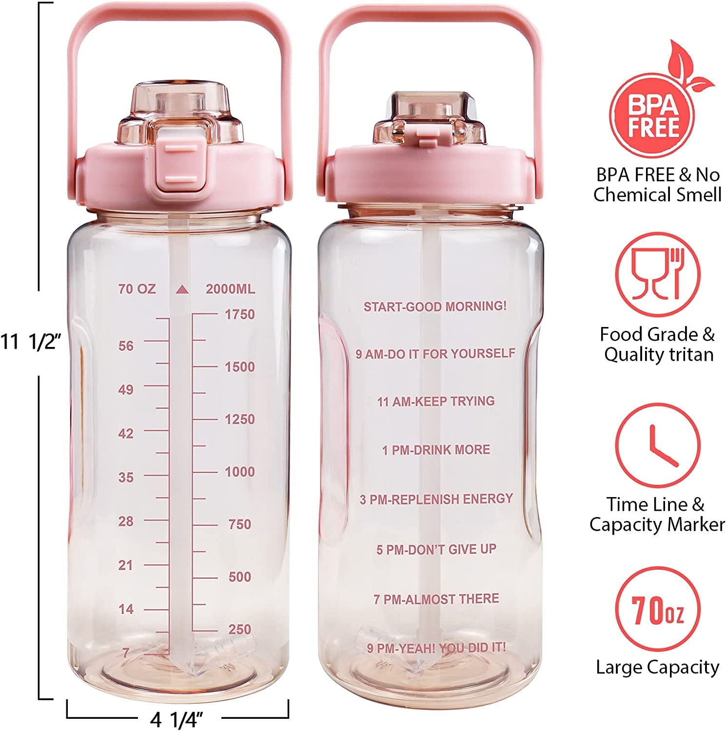 Water Bottle with Sleeve 64Oz Bottle with Straw & Time Marker BPA Free Leakproof Large Bottle