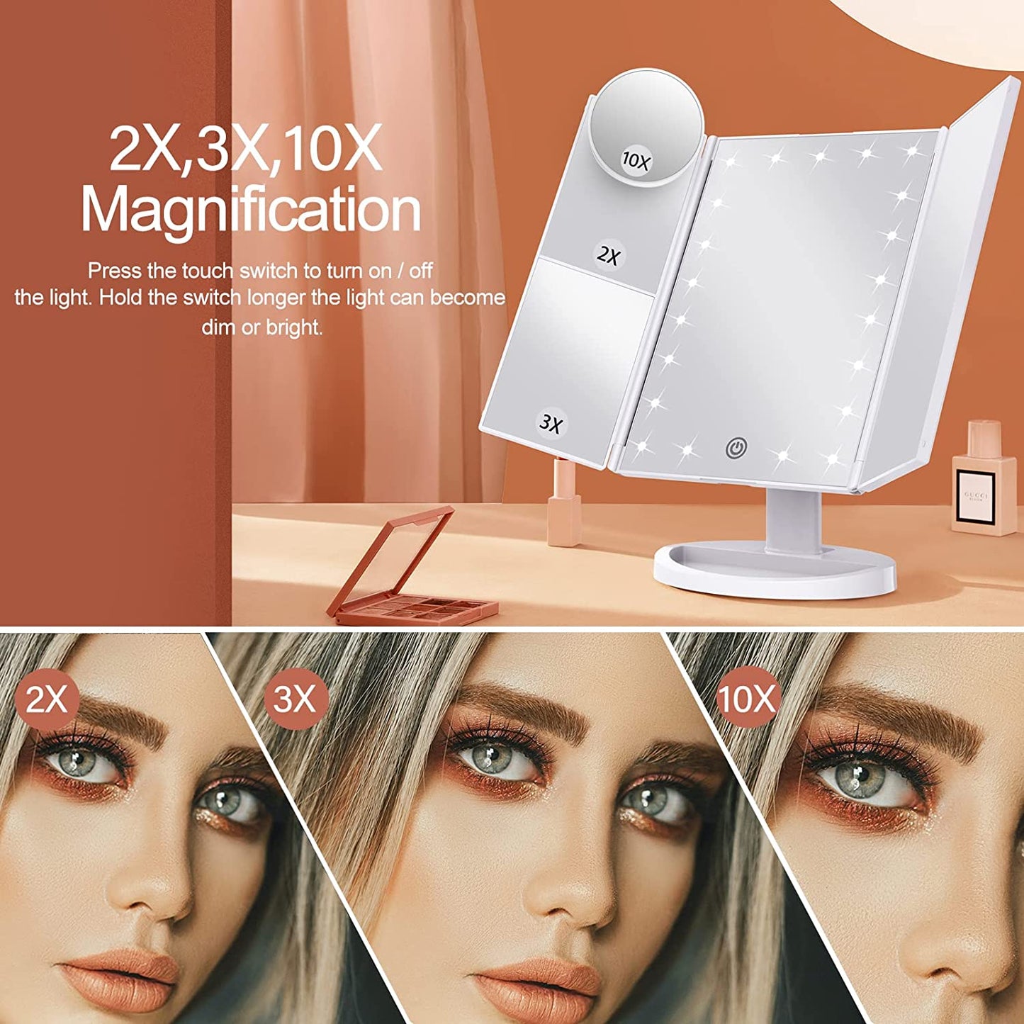 Makeup Mirror - Vanity Mirror with LED Lights Touch Control & Trifold