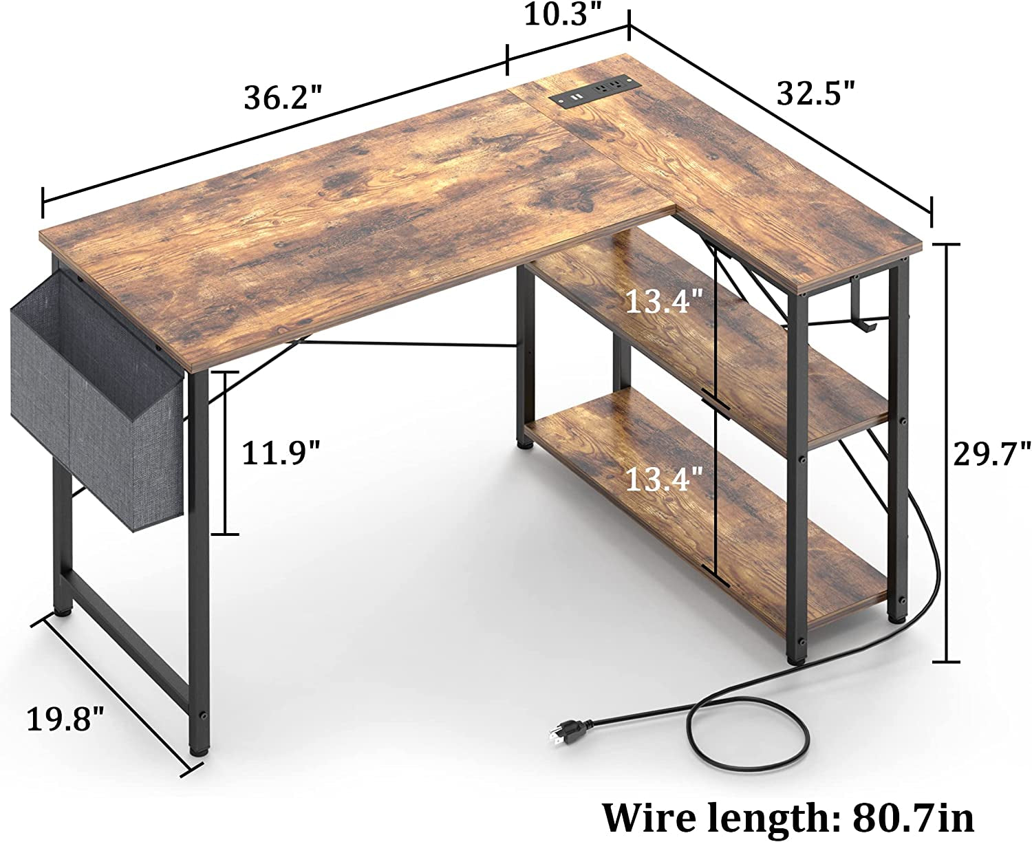 Office Desk - 47 Inch Desk with Outlets & USB Ports Reversible and Storage Shelves & Hook