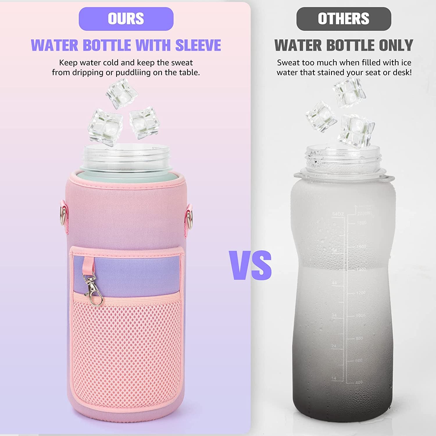 64Oz Water Bottle with Sleeve, Straw, Leakproof BPA Free Bottles