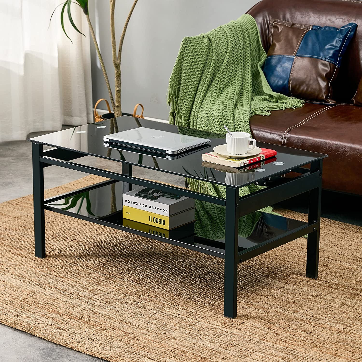 Lift Top Coffee Table - Glass Center Table with Storage Shelf & Metal Frame