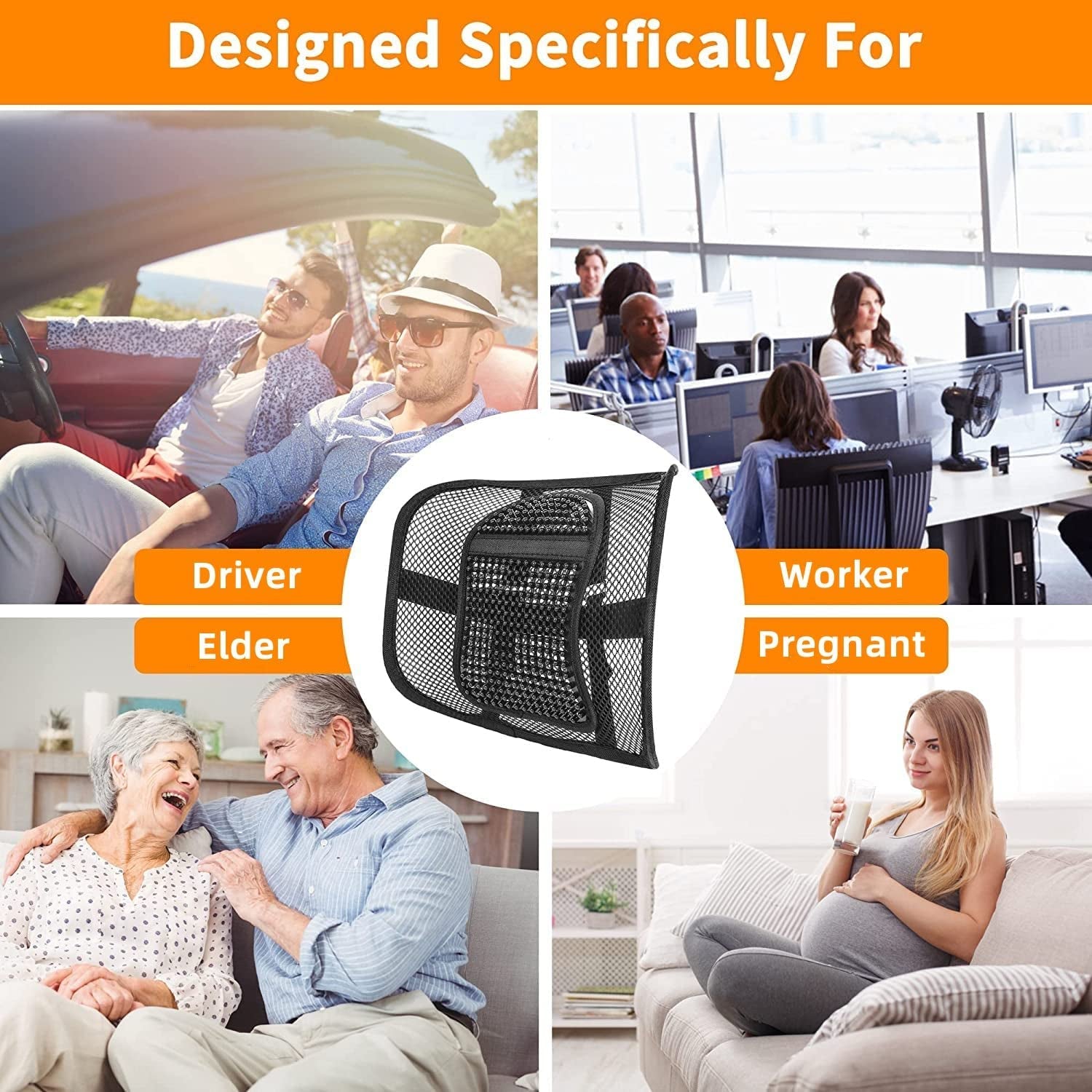 Lumbar Support Back - Seat Cushion with Breathable Mesh