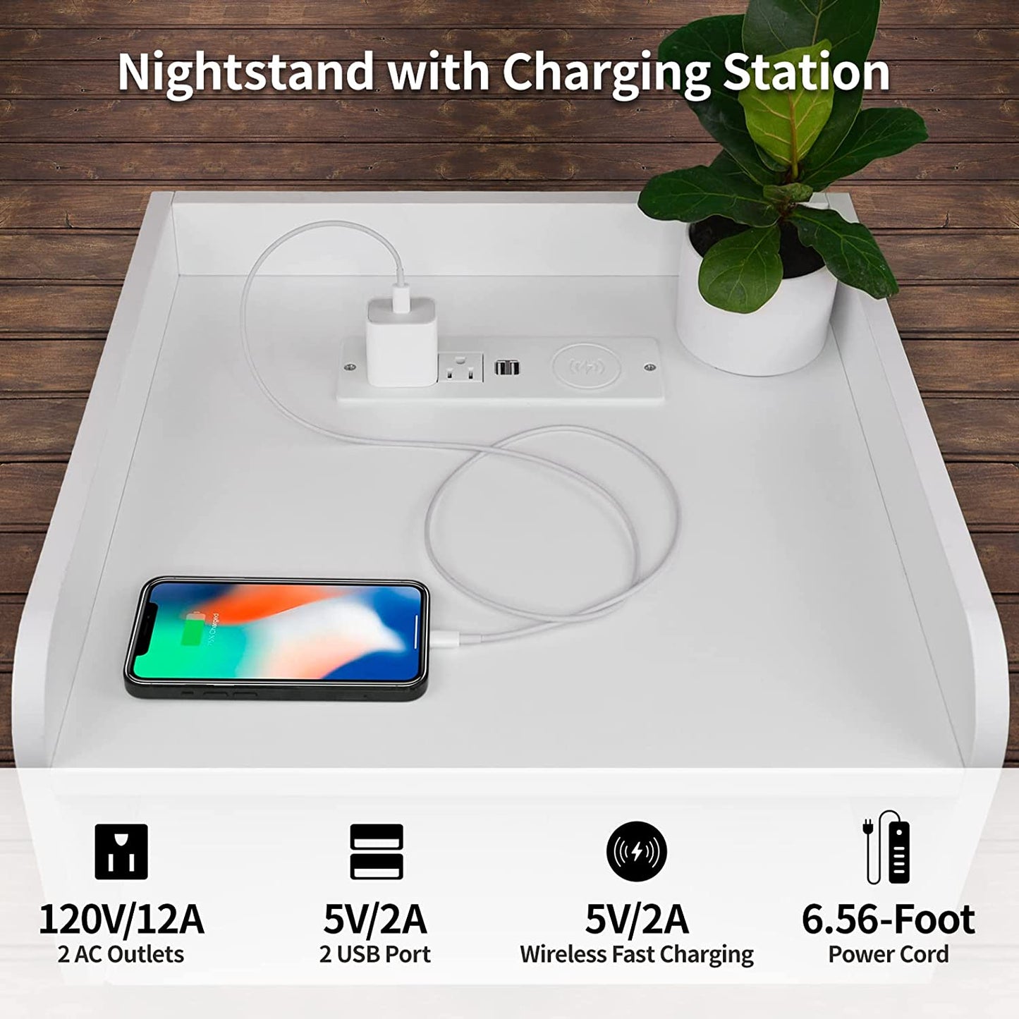 Bedroom Nightstand with Wireless Charging Station and LED Lights