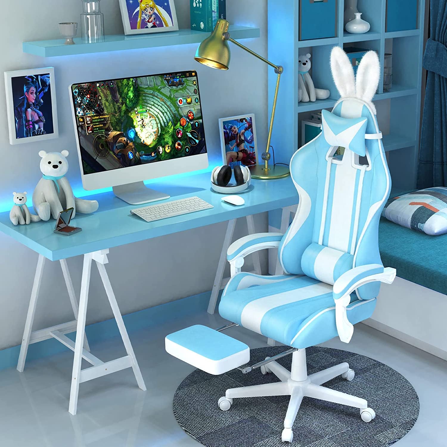 Gaming Chair with Bunny Ear - Cute Gaming Chairs for Adults & Teens Office Chair with Footrest