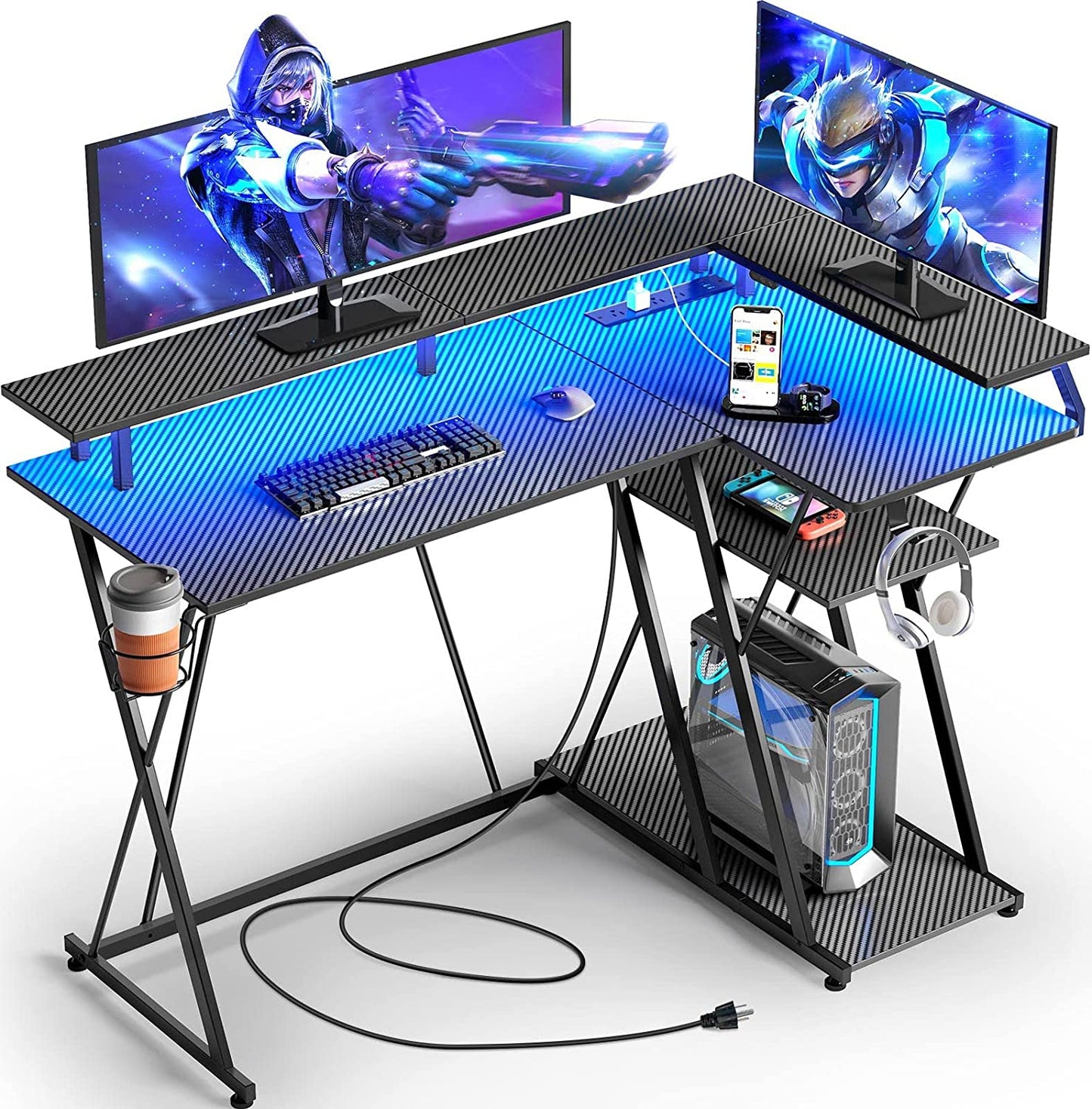 Gaming Desk - Computer Desk With Power Outlets & LED Lights Reversible Desk with Storage Shelf