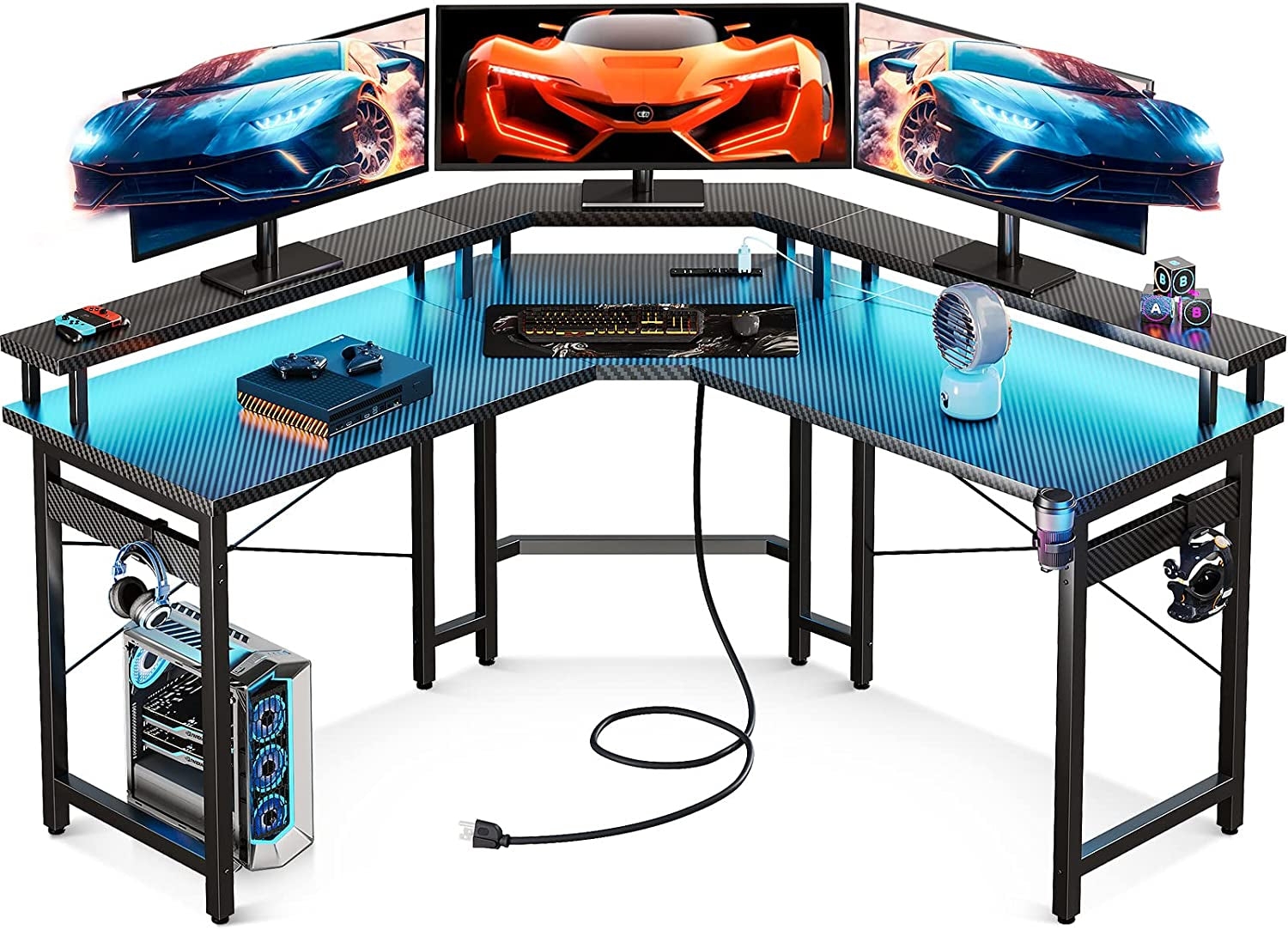 Gaming Desk - Computer Desk LED Lights & Power Outlets & Full Monitor Stand & Cup Holder