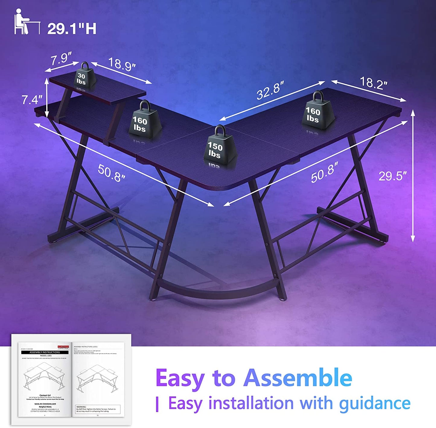 Computer Gaming Desk - Home Office Desk with Large Monitor Stand