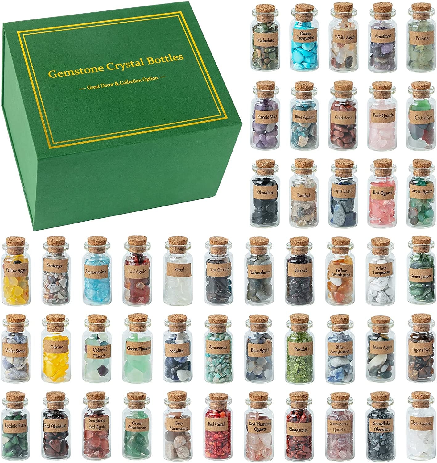 48-Piece Crystal and Healing Stones Set: Assorted Gemstones in Bottles