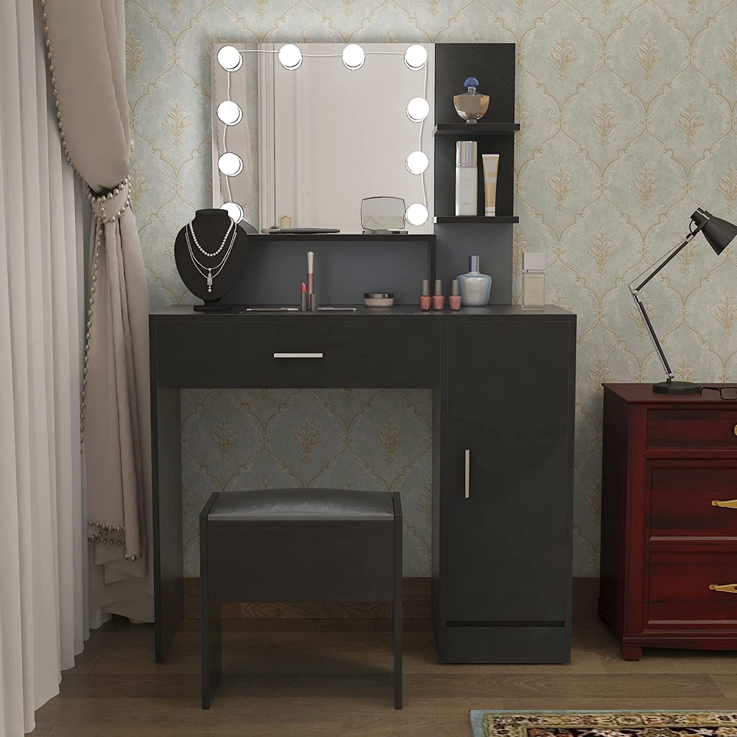 Makeup Vanity Table Set - With 10 Light Bulbs & Cushioned Stool