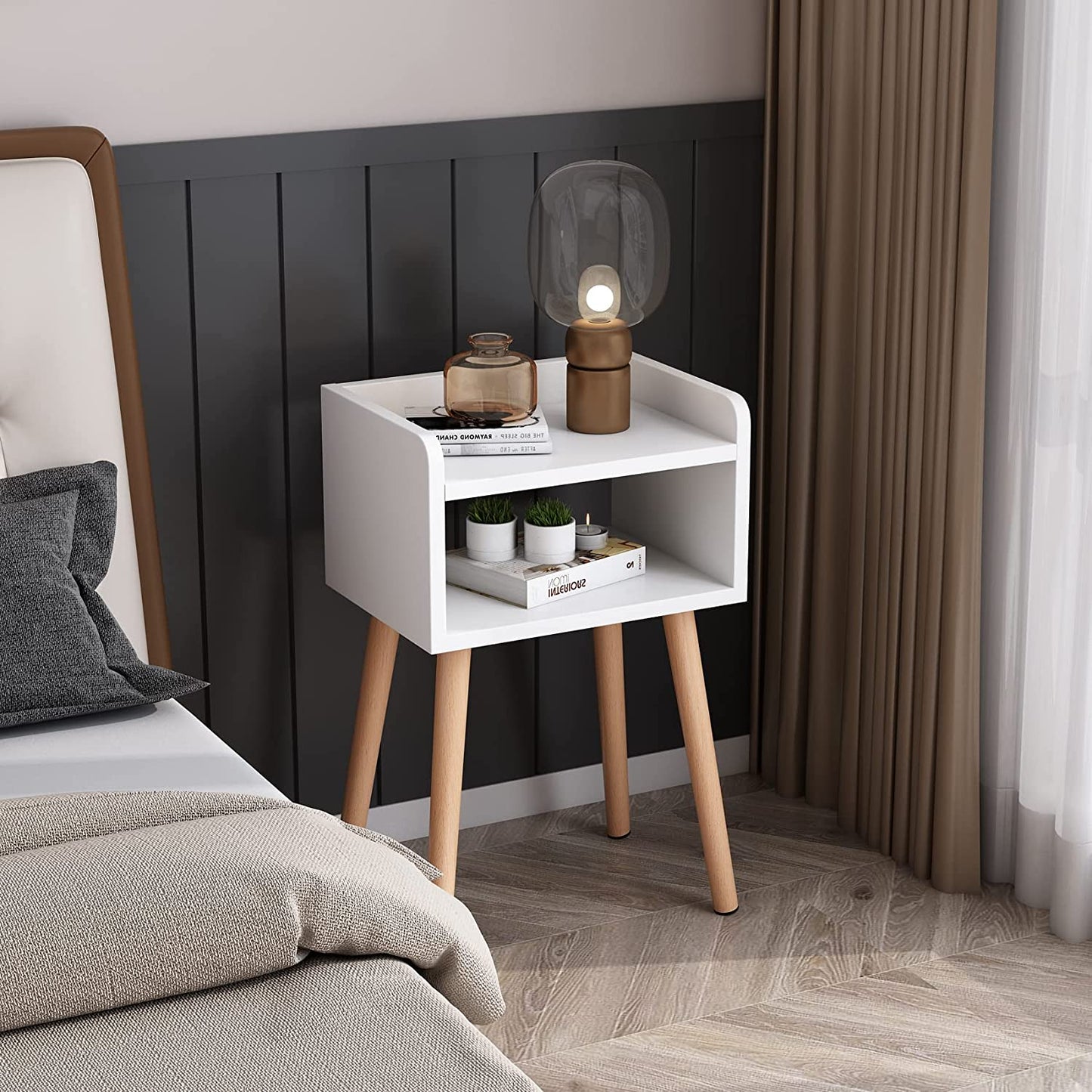 Bedside Nightstand Bedside Table with Solid Wood Legs Open Storage Shelf