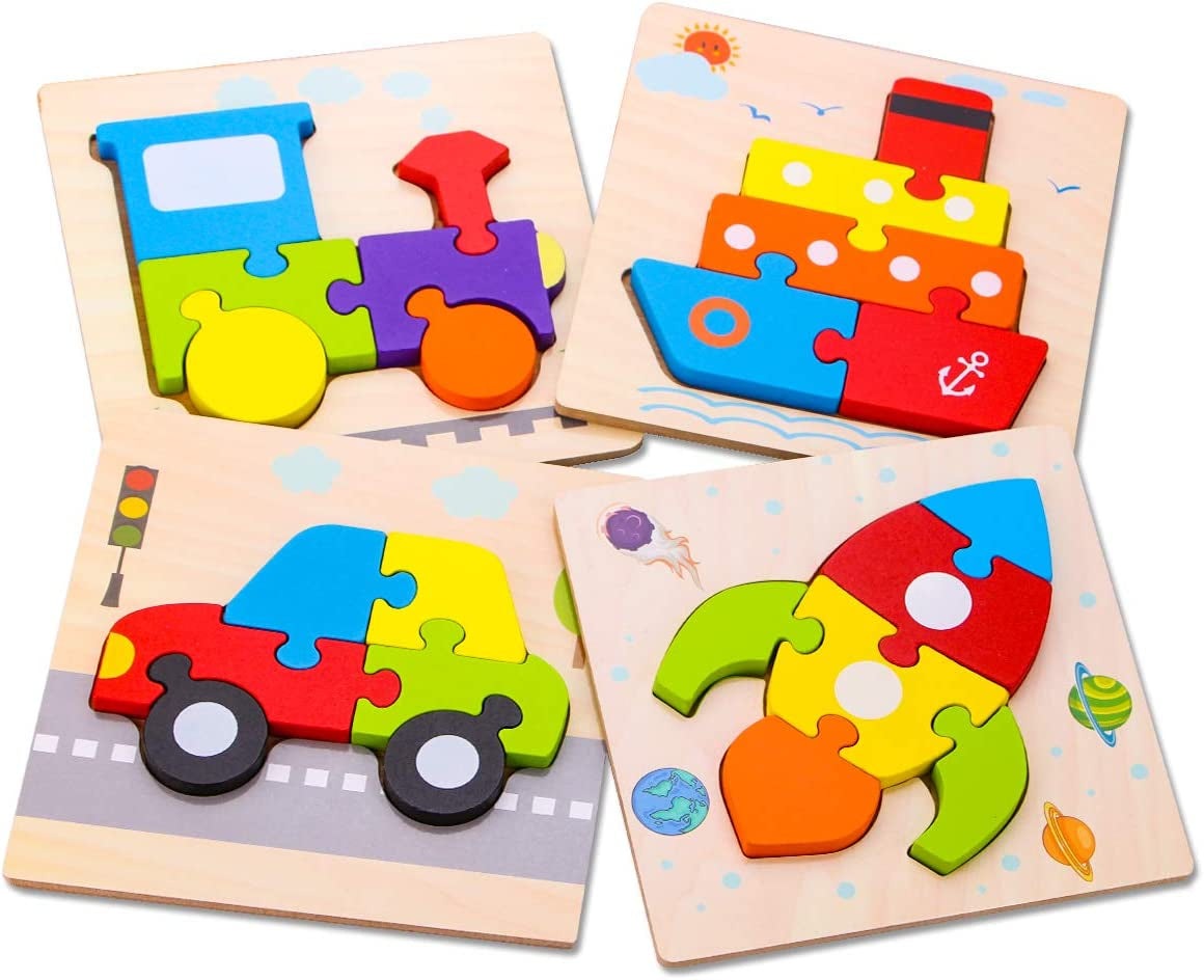 Wooden Vehicle Puzzles -Toddlers Educational Developmental Toys 6 Vehicle Montessori Learning Puzzles