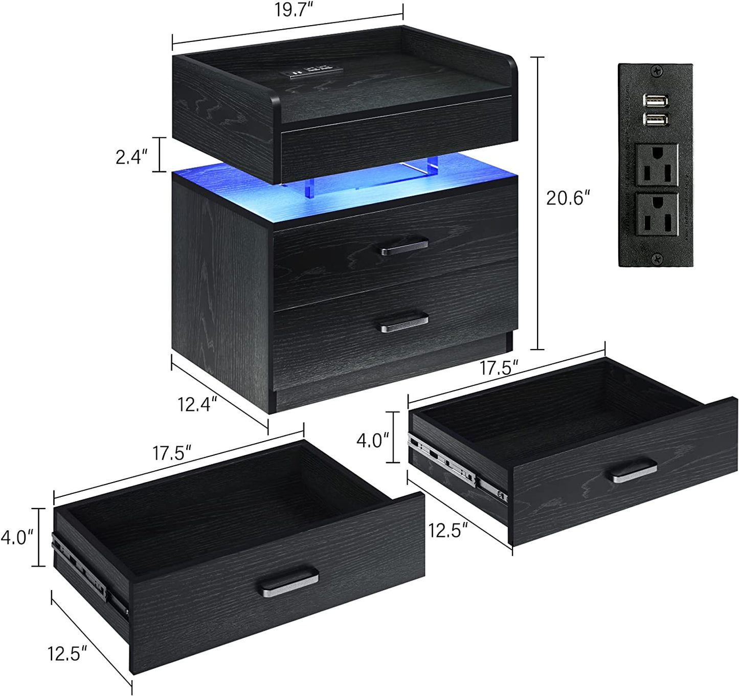 LED Voice-Activated Mode Nightstand - Bedside Table with Charging Station & 2 Drawers