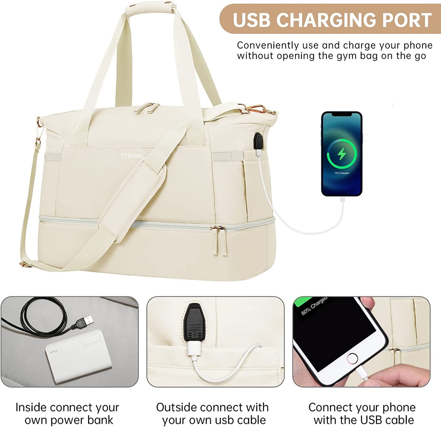 Travel Duffel Bag - USB Charging Port Duffel Bag For Women