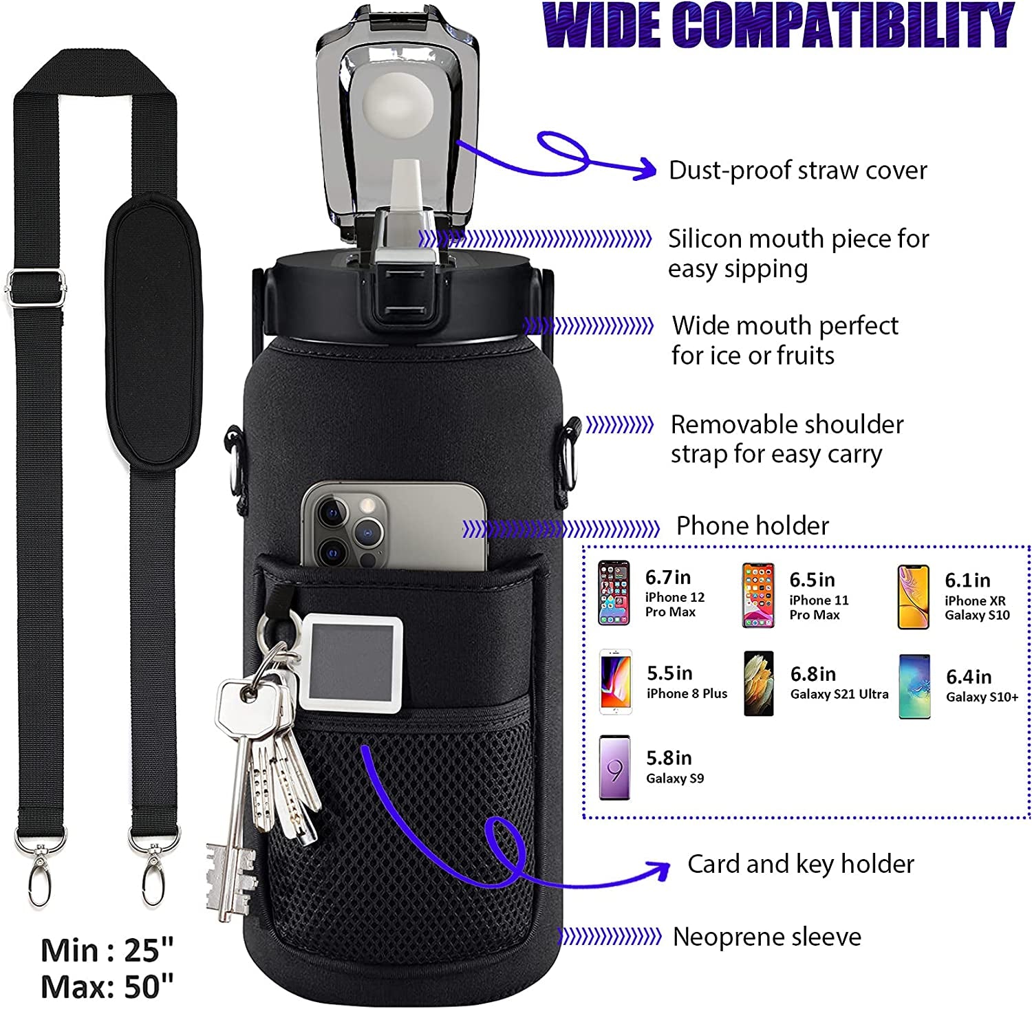 2L Water Bottle with Sleeve Bottle and Straw Leak-Proof Bottle