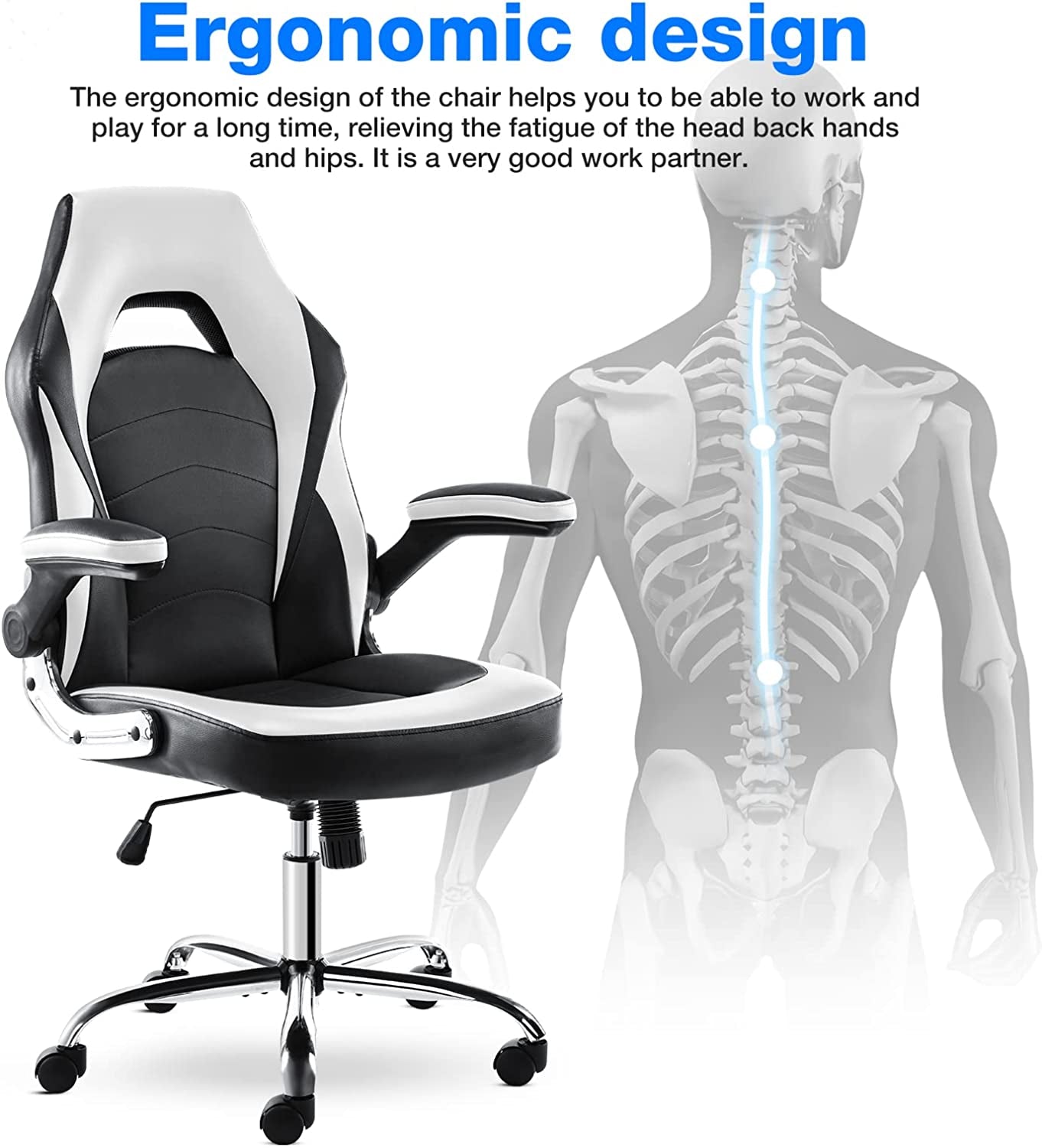 Gaming Chair - Office Chair Flip-Up Armrest and Height Adjustable Desk Chair with Lumbar Support