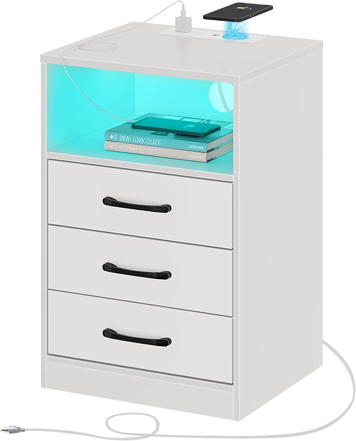 Bedroom Table - Nightstand with Wireless Charging Station and LED Lights & 3 Drawers