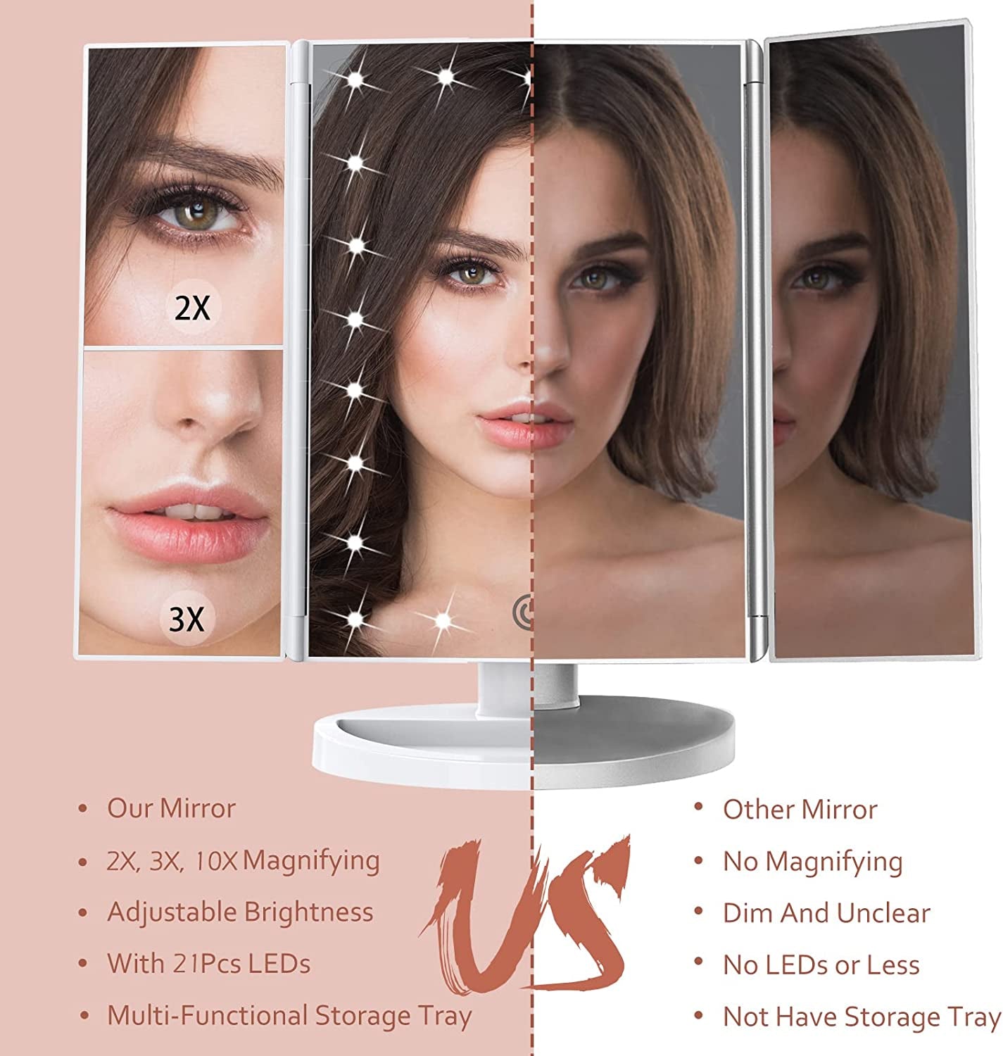 Makeup Mirror - Vanity Mirror with LED Lights Touch Control & Trifold