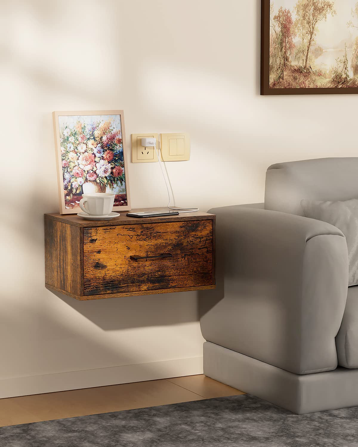 Wall Mounted Nightstand - Floating Nightstand Table with Drawer Bedside Shelf