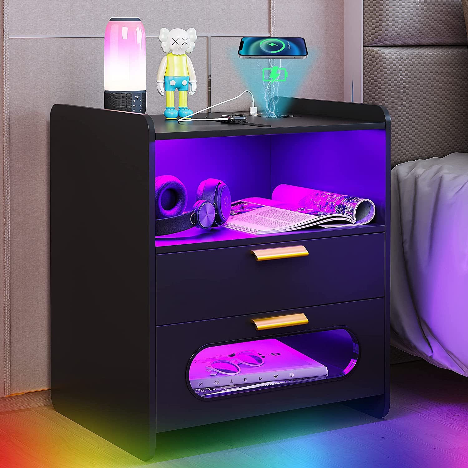 Bedside Table - RGB Nightstand with Wireless Charging Station and USB Ports LED 24 Color