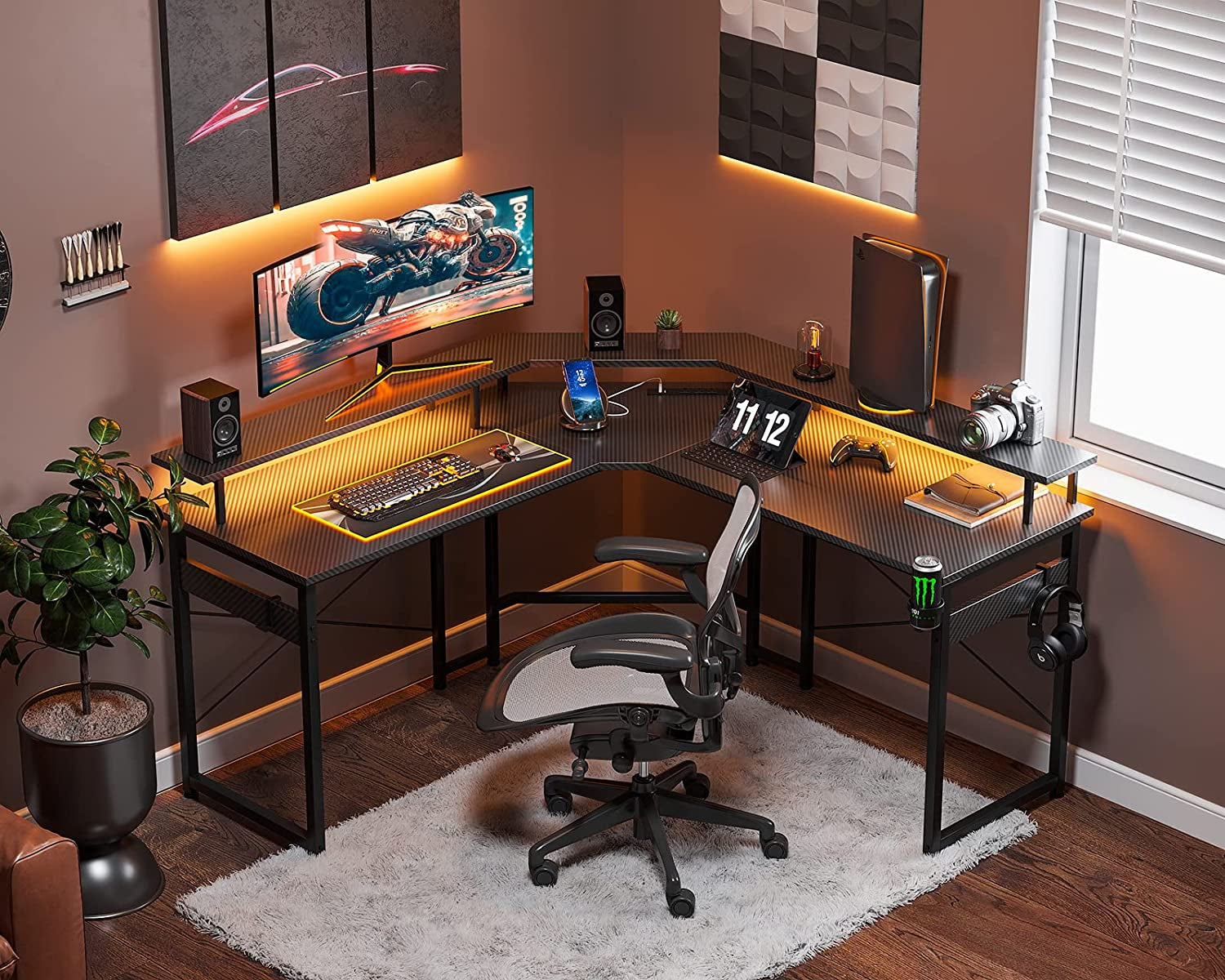 Gaming Desk - Computer Desk LED Lights & Power Outlets & Full Monitor Stand & Cup Holder