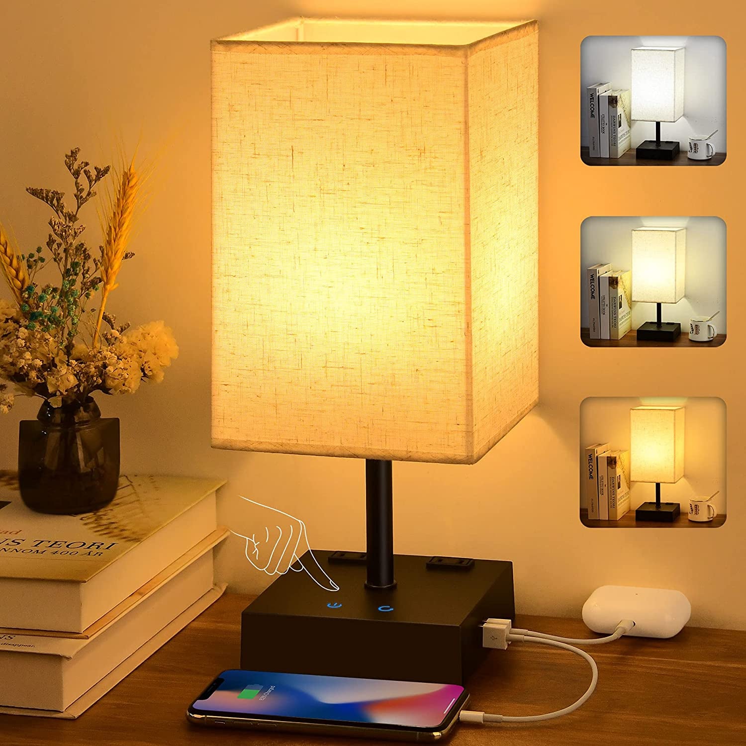 Touch Control Table Lamp - 3-Color Bedside Lamp with 2 USB Ports and 2 AC Outlets Bulb Included