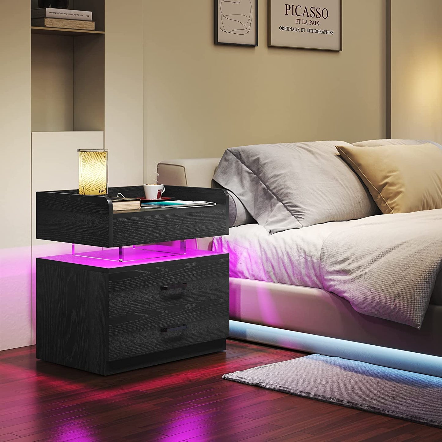 LED Voice-Activated Mode Nightstand - Bedside Table with Charging Station & 2 Drawers