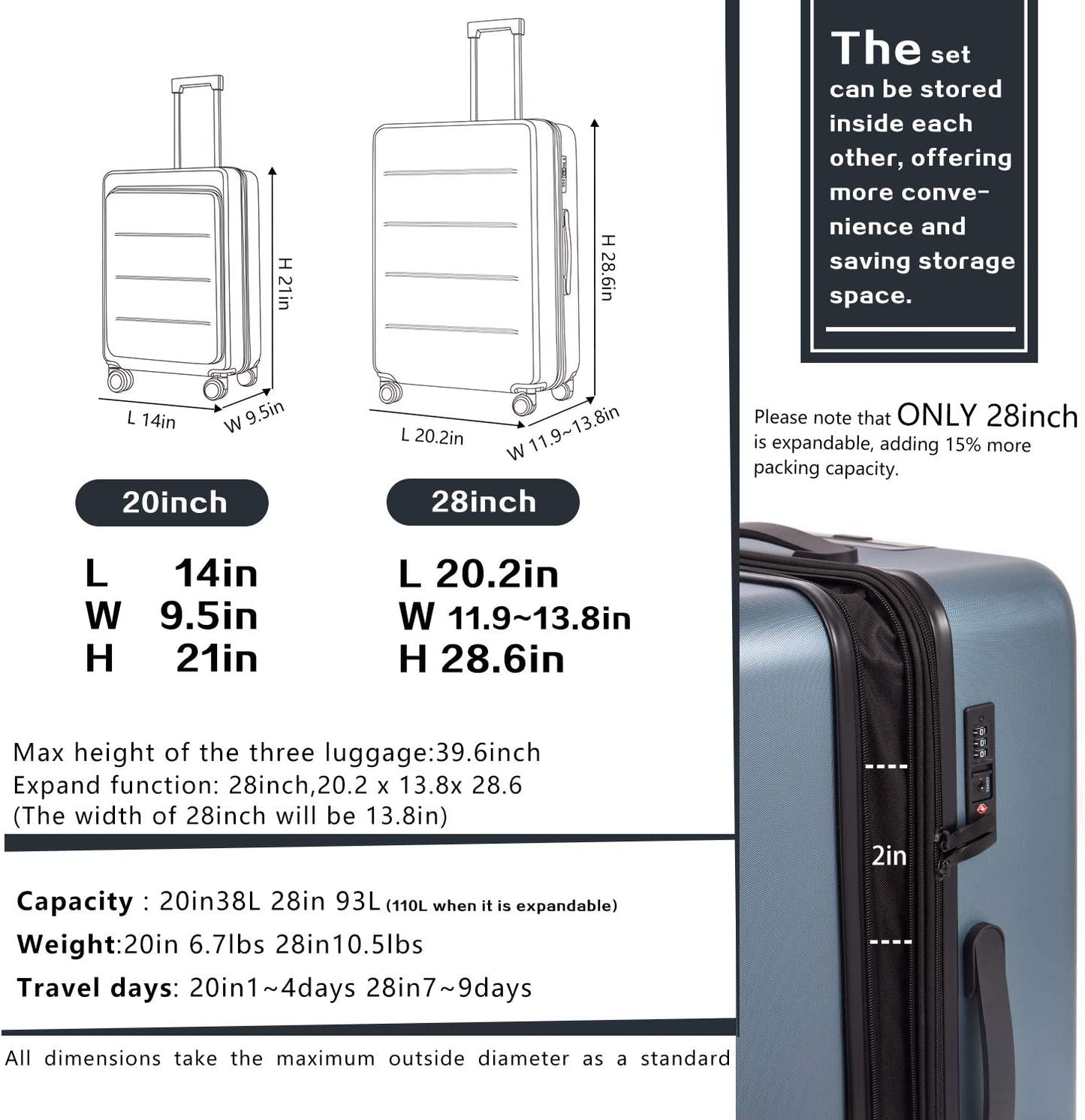 Luggage Suitcase Set - Carry on ABS+PC Spinner Trolley with Pocket