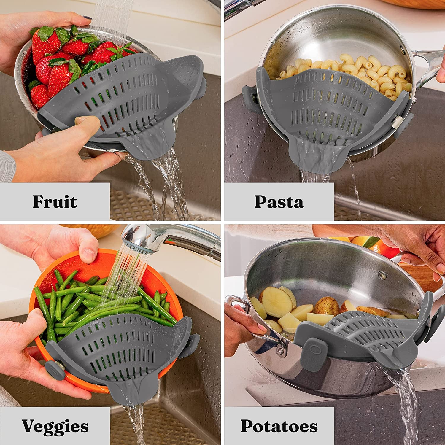 Pasta Strainer - Adjustable Silicone Clip on Strainer for Pots