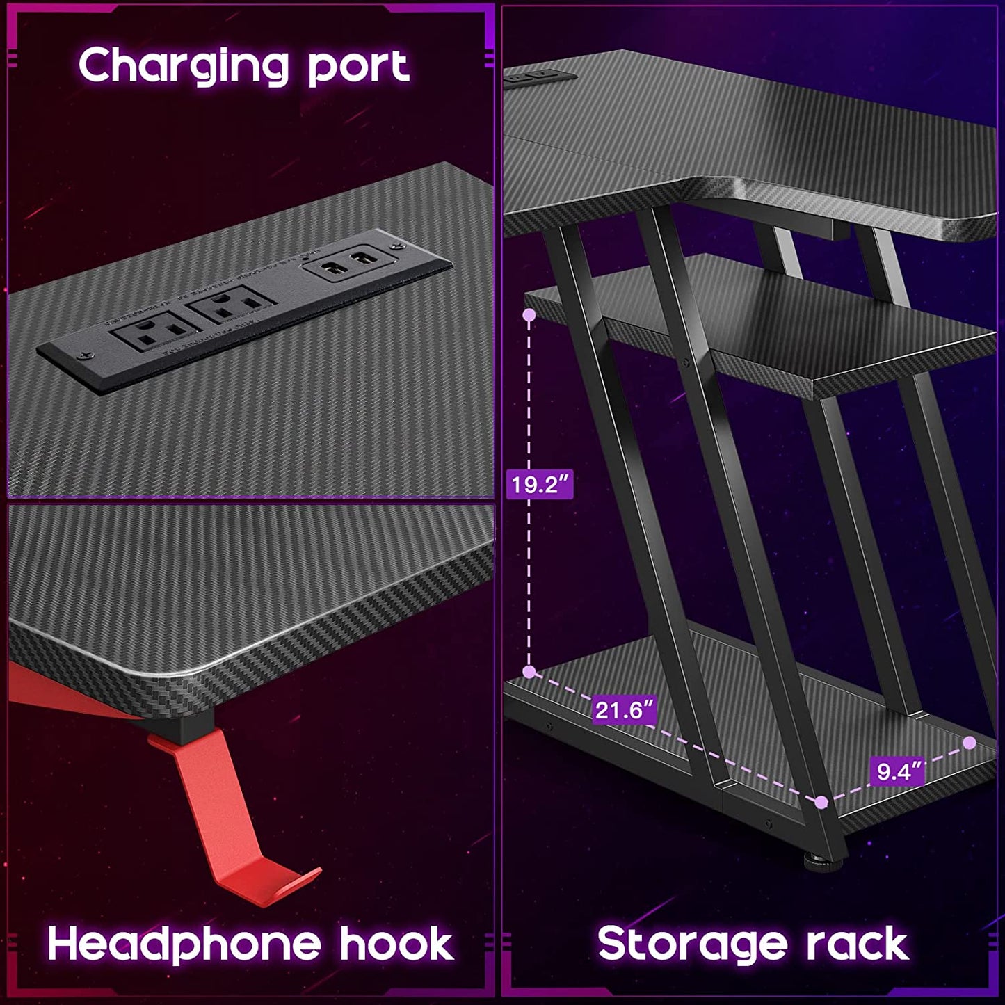 Gaming Desk - Office Desk with Storage Shelf & Power Outlets Desk with Monitor Shelf