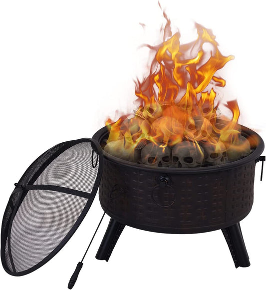 Fire Pits - Outside Round Deep Fire Pit with Spark Screen Cover Safe Mesh Lid and Poker