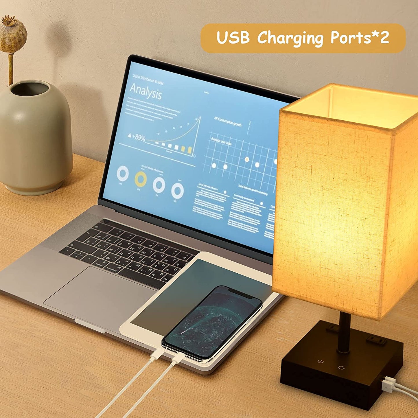 Touch Control Table Lamp - 3-Color Bedside Lamp with 2 USB Ports and 2 AC Outlets Bulb Included