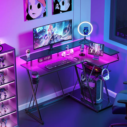 Gaming Desk - Computer Desk With Power Outlets & LED Lights Reversible Desk with Storage Shelf