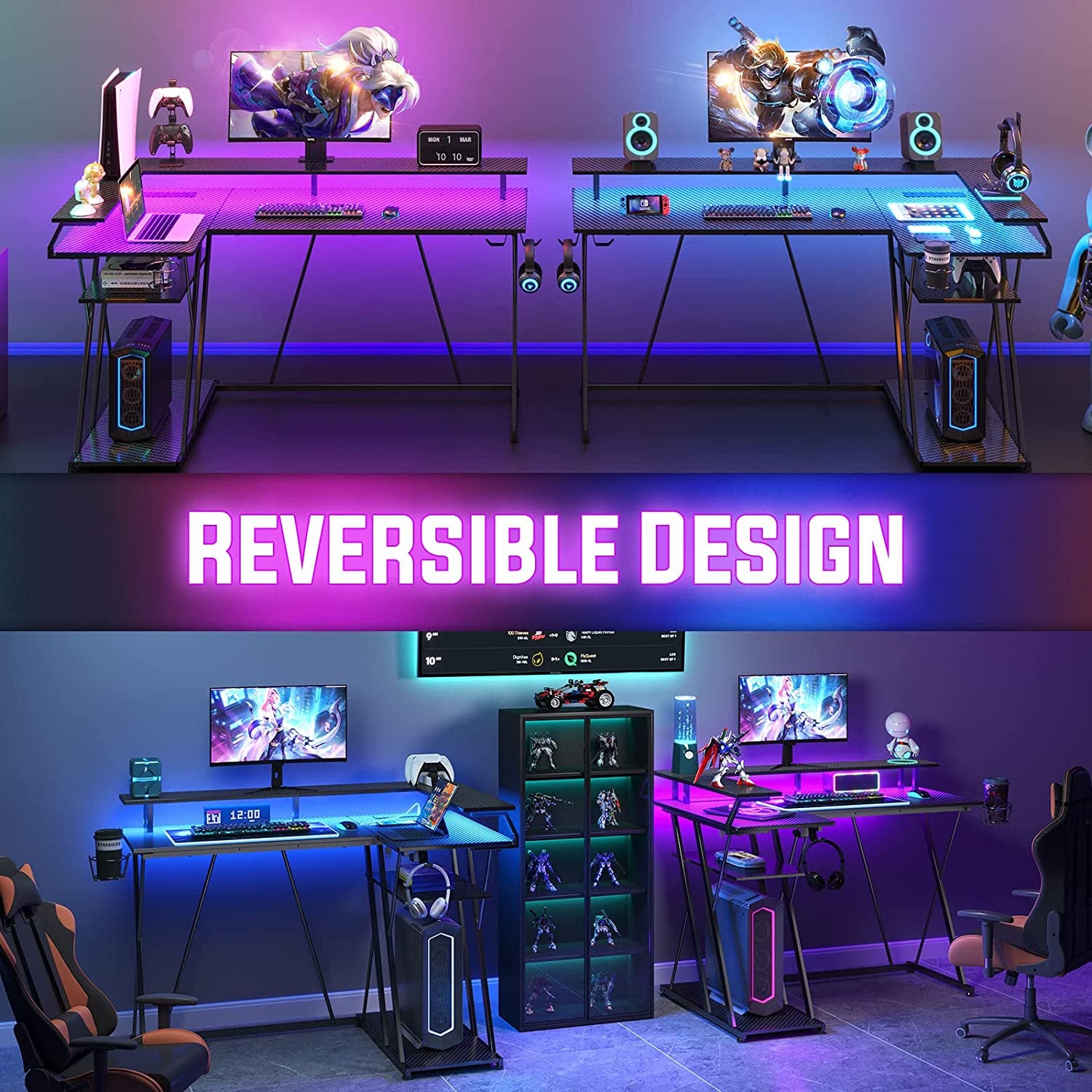 Gaming Desk - Computer Desk With Power Outlets & LED Lights Reversible Desk with Storage Shelf