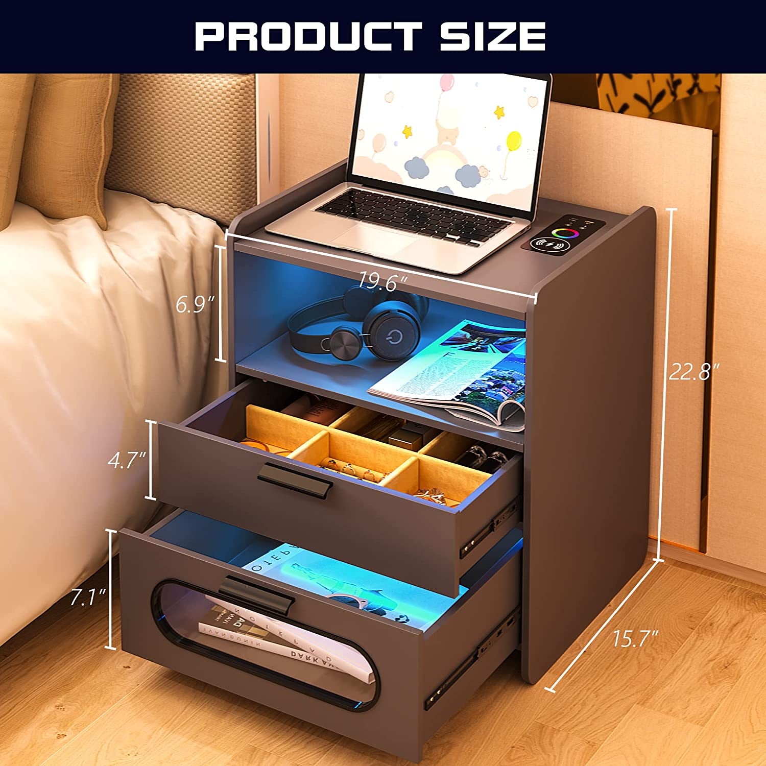 Bedside Table - RGB Nightstand with Wireless Charging Station and USB Ports LED 24 Color