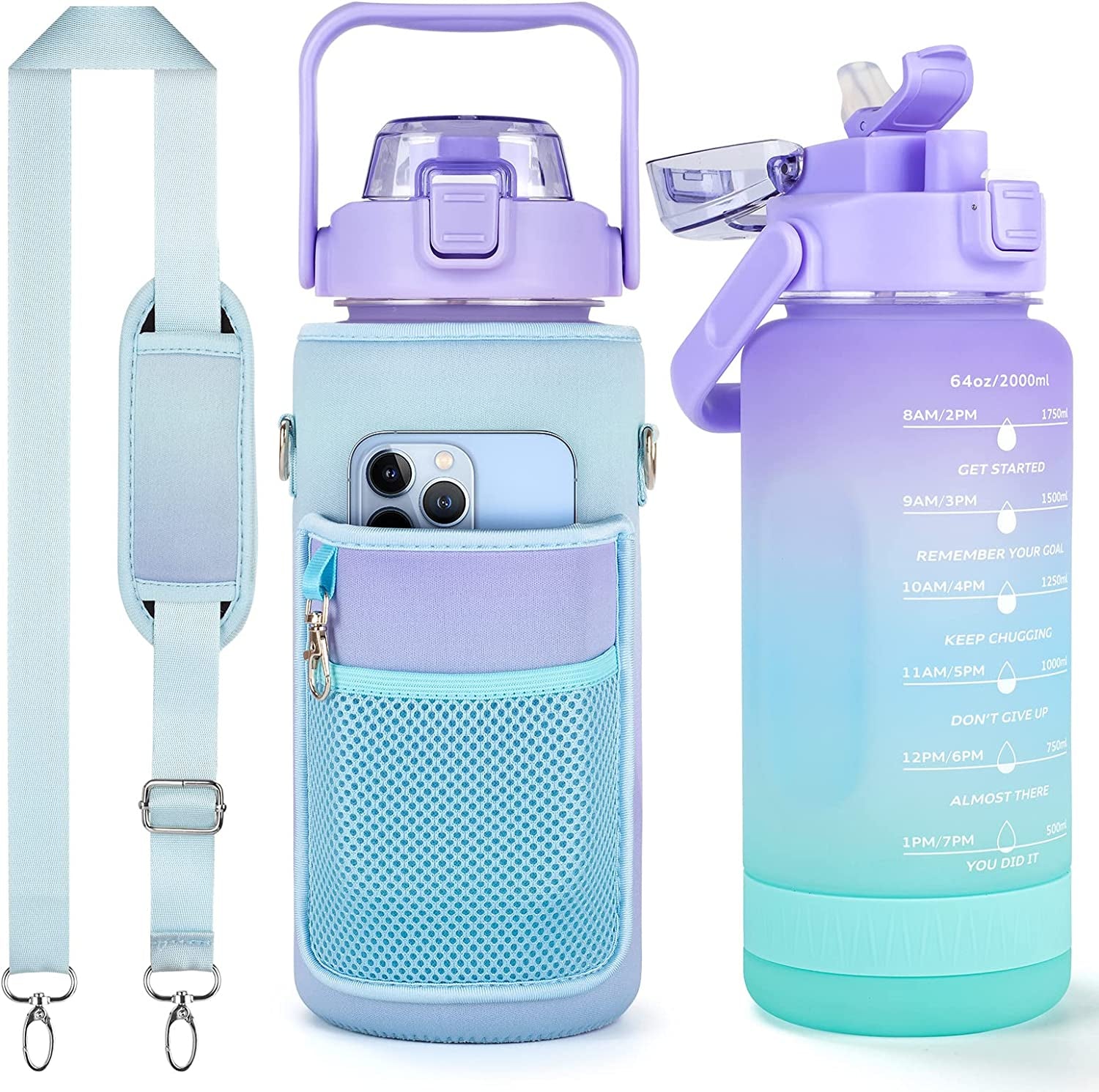 64Oz Water Bottle with Sleeve, Straw, Leakproof BPA Free Bottles